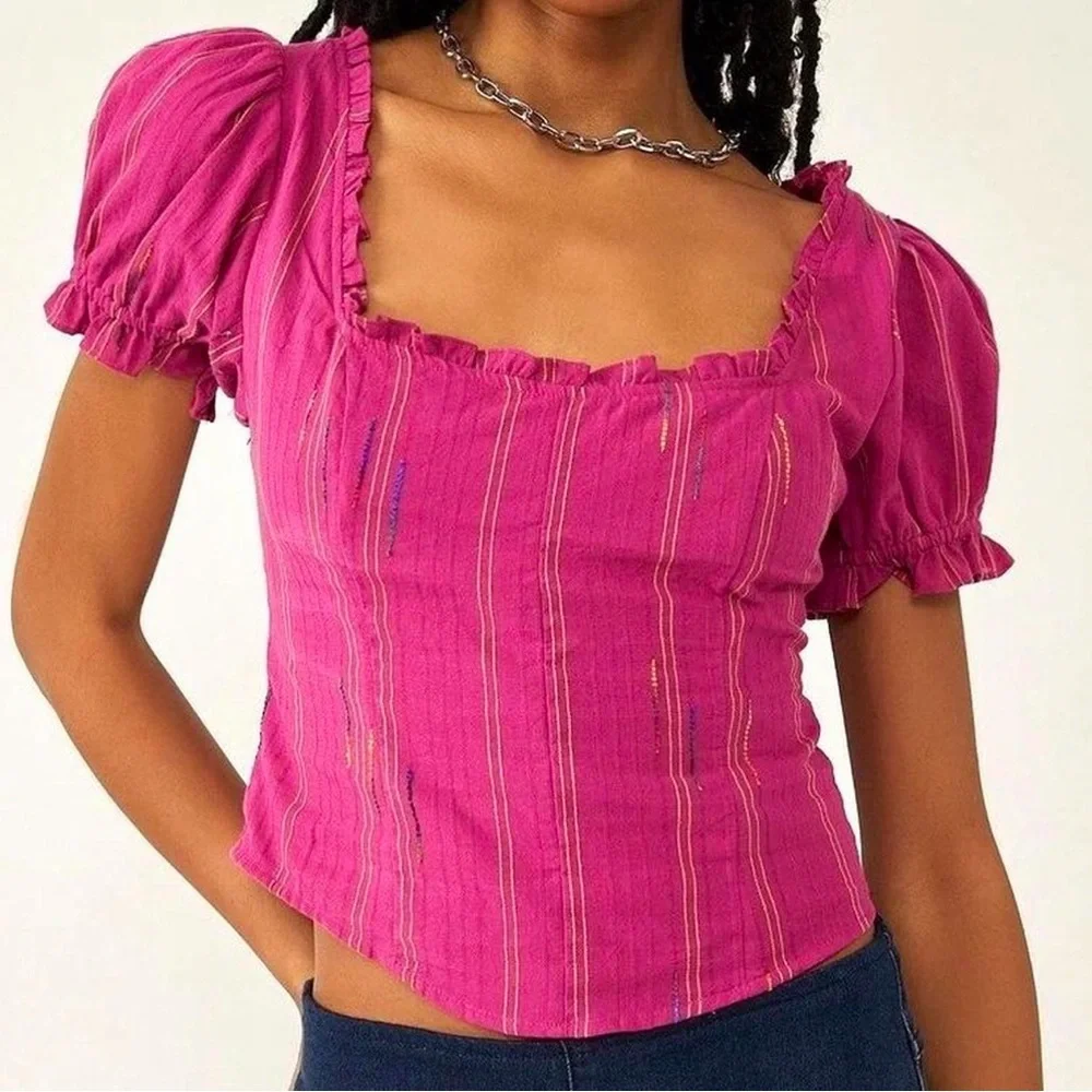Free People “Serotonin” Fuchsia Puff Sleeve Blouse